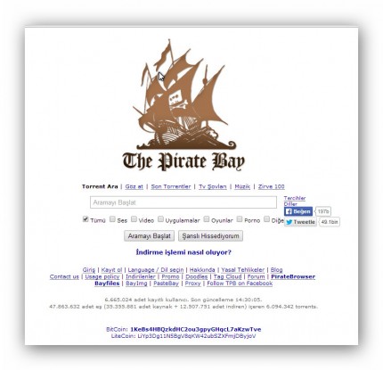Pirate Bay'ın yeni mobil versiyonundan ekran görüntüsü.