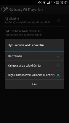 Telefonunuzun uyku modunda kablosuz ağ bağlantısını kapatmalısınız.